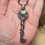 Skeleton Key with Rose Cut Heart Aurora Opal Doublet Wire Wrapped Pendant