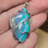 White Plume Agate Pendant – Sterling Silver + Teal Aurora Opal