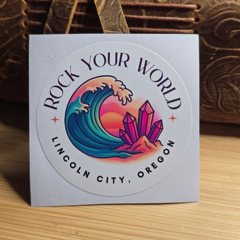 Colorful sticker with text and graphics on a light gray background