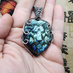 Carved Ocean Blue Labradorite Lion Pendant in Sterling Silver