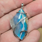 White Plume Agate Pendant – Sterling Silver + Teal Aurora Opal