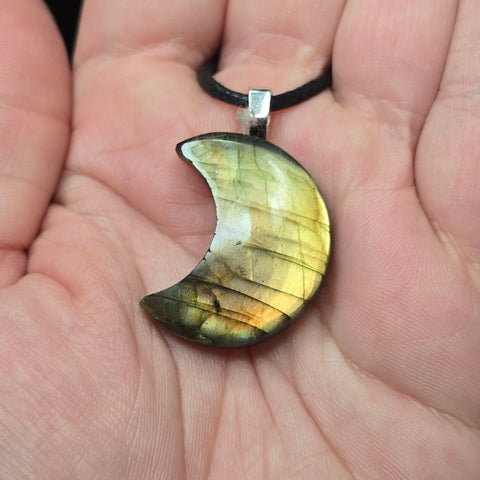 Orange Gold Flash Labradorite Crescent Pendant – Moon Phase Necklace
