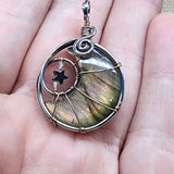 Pink Purple Gold Labradorite Crescent Moon Pendant with Rose Quartz and Hematite