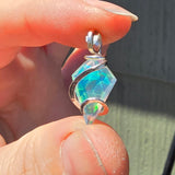 Rose Cut Rainbow Aurora Opal Pendant In Hammered Sterling Silver with 20 Inch Chain