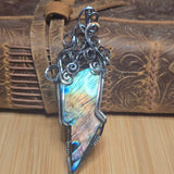 Lightning Bolt Labradorite Pendant - Rainbow Flash Oxidized Sterling Silver
