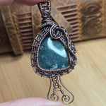 Moss Agate Pendant – Copper Woven Mushroom Spirit