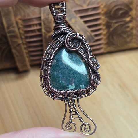 Moss Agate Pendant – Copper Woven Mushroom Spirit
