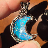 Marcasite Agate + Aurora Opal Moon Pendant – Frost Moon in Copper