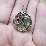 Pink Purple Gold Labradorite Crescent Moon Pendant with Rose Quartz and Hematite
