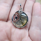 Pink Purple Gold Labradorite Crescent Moon Pendant with Rose Quartz and Hematite