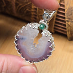 Purple Banded Agate Geode Pendant – Sterling Silver with Emerald Accent - Rock Your World 