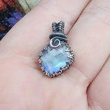 Flashy Rose Cut Rainbow Moonstone Antiqued Sterling Silver Pendant