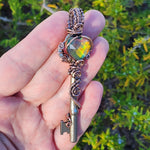 Dark Flash Aurora Opal Key Pendant - Copper Wirewrap Skeleton Key