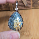 Marcasite Agate Geode Pendant - Patterned Copper Wire Wrap