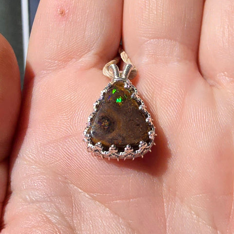 Green and Blue Spotted Boulder Opal Pendant in Sterling Silver