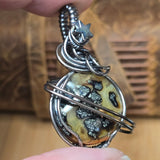 Marcasite Moon Pendant Celestial Wire Wrap - Sterling Silver with Hematite Star