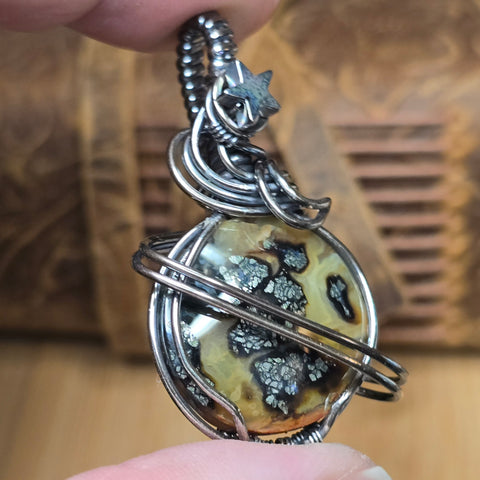 Marcasite Moon Pendant Celestial Wire Wrap - Sterling Silver with Hematite Star