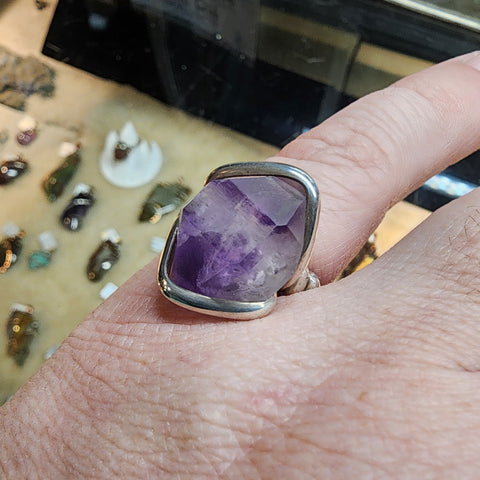 Double Terminated Hourglass Amethyst Crystal Ring in Sterling Silver Sz 8.5