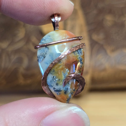 Flaming Common Opal Pendant Marcasite Inclusions - Copper Wrapped