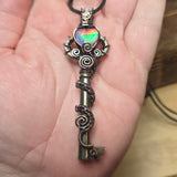 Skeleton Key with Rose Cut Heart Aurora Opal Doublet Wire Wrapped Pendant