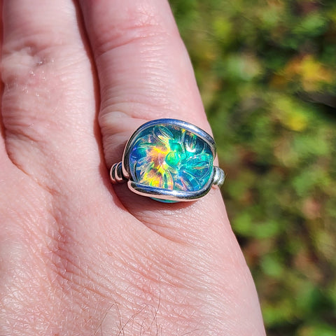 Aurora Opal Ring Size 9 – Sterling Silver Carved Doublet