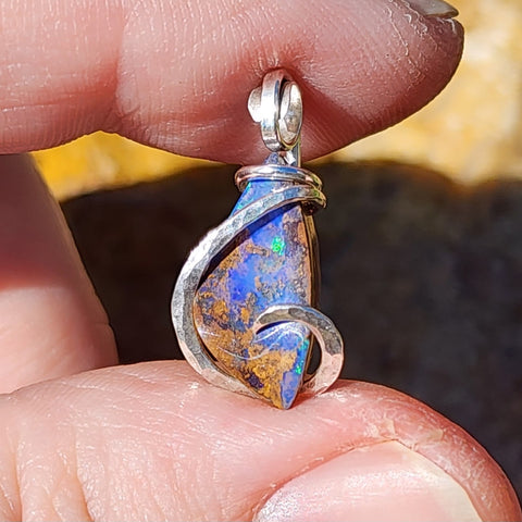 Boulder Opal Pendant - Sterling Silver Blue Green Flash