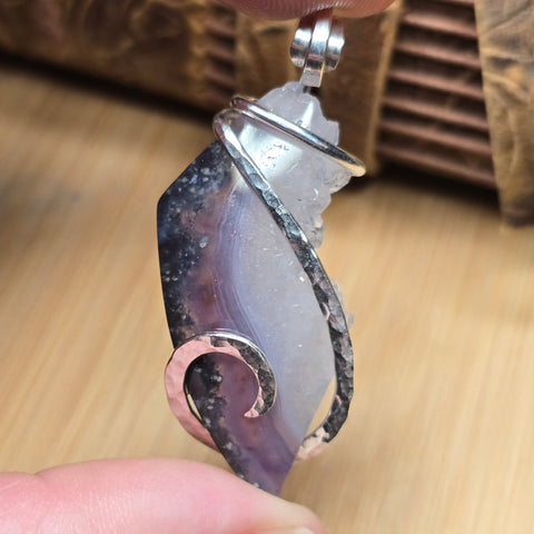 Purple Red Banded Agate Pendant – Sterling Silver with Quartz Crystals