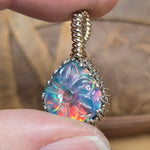 Aurora Opal Pendant Carved Flower Rainbow Flash - Sterling Silver Gold Fill