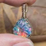 Aurora Opal Pendant Carved Flower Rainbow Flash - Sterling Silver Gold Fill