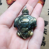 Carved Golden Labradorite Sea Turtle Pendant in Sterling Silver