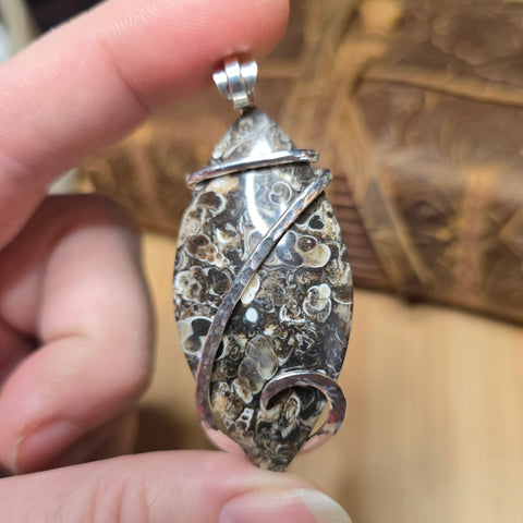 Turtilla Agate Pendant – Sterling Silver + Devonian Fossils