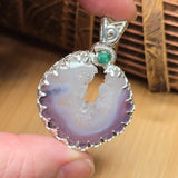 Purple Banded Agate Geode Pendant – Sterling Silver with Emerald Accent - Rock Your World 