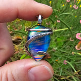 Large Rainbow Aurora Opal Pendant In Hammered Sterling Silver