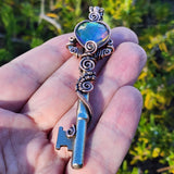 Dark Flash Aurora Opal Key Pendant - Copper Wirewrap Skeleton Key