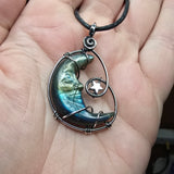 Carved Face Rainbow Labradorite Crescent Moon with Hematite Star Pendant in Sterling Silver