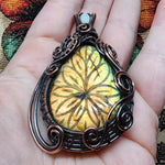Large Carved Green Gold Orange Labradorite Flower and Austrailian Opal in Copper - Rock Your World 