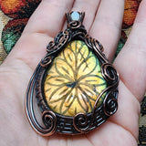 Large Carved Green Gold Orange Labradorite Flower and Austrailian Opal in Copper