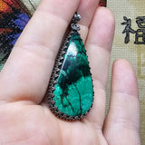 Teardrop Malachite Plume Pendant in Antiqued Sterling Silver