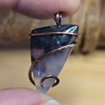Purple Agate Pendant with Metallic Green Moss - Hammered Copper Necklace