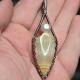 Crazy Lace Agate Pendant Real Pearl - Copper Wire Wrap
