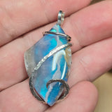 White Plume Agate Pendant – Sterling Silver + Teal Aurora Opal