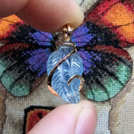 Carved Blue Aquamarine Leaf Wire Wrapped Pendant in 14kt Yellow Gold Fill