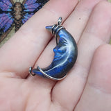 Carved Face Blue Labradorite Crescent Moon Pendant - Sterling Silver with Rose Gold Accent