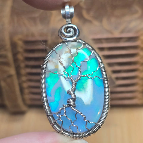 Plume Agate + Aurora Opal Spooky Tree of Life Pendant – Oxidized Sterling Silver