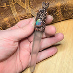 Aurora Opal Copper Wand Wire Wrap Pendant – Large 5" Quartz Crystal for Ritual, Healing or Display