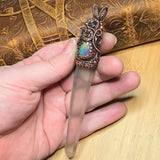Aurora Opal Copper Wand Wire Wrap Pendant – Large 5" Quartz Crystal for Ritual, Healing or Display