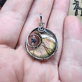Pink Purple Gold Labradorite Crescent Moon Pendant with Rose Quartz and Hematite