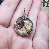 Pink Purple Gold Labradorite Crescent Moon Pendant with Rose Quartz and Hematite
