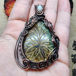 Large Carved Green Gold Orange Labradorite Flower and Austrailian Opal in Copper