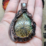 Large Carved Green Gold Orange Labradorite Flower and Austrailian Opal in Copper - Rock Your World 